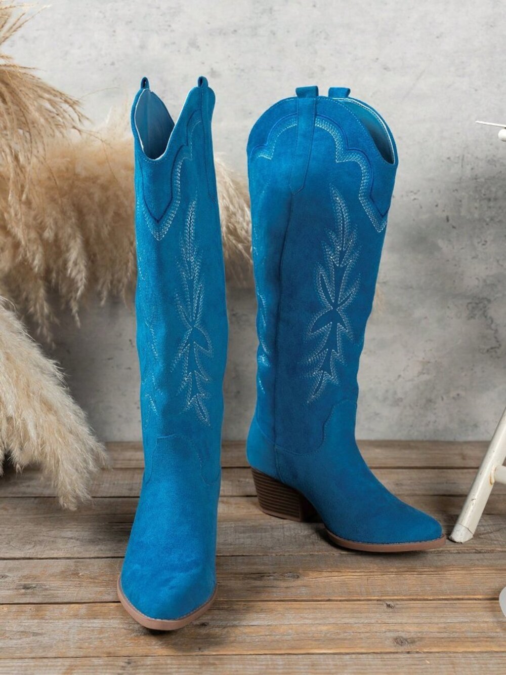 Blue Western Women's faux Suede Knee high Embroidered Cowboy Boots - Picture 5 of 5